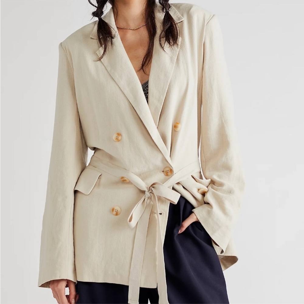 NWT Free People Pebble Sand Tan Olivia Double Breasted Blazer L